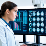 **A highly skilled professional clinical laboratory technologist** wearing a clean, modest lab coat over appropriate professional attire, standing confidently in a sleek, futuristic laboratory. Multiple holographic screens display complex genomic data and AI-driven diagnostic algorithms. Advanced analytical equipment is visible in the background, subtly glowing with digital interfaces. The technologist is attentively observing and interacting with the data on the screens, a thoughtful and focused expression on their face, embodying expertise in data science and cutting-edge technology. safe for work, appropriate content, fully clothed, professional, modest clothing, perfect anatomy, correct proportions, natural pose, well-formed hands, proper finger count, natural body proportions, professional photography, high quality.