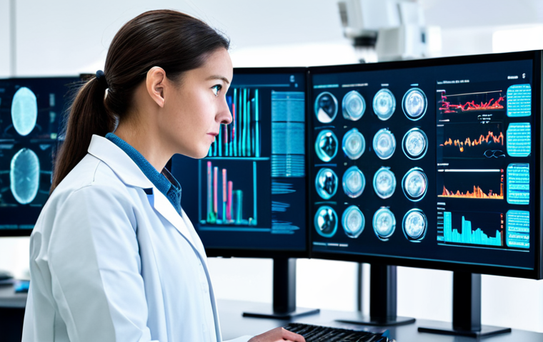 **A highly skilled professional clinical laboratory technologist** wearing a clean, modest lab coat over appropriate professional attire, standing confidently in a sleek, futuristic laboratory. Multiple holographic screens display complex genomic data and AI-driven diagnostic algorithms. Advanced analytical equipment is visible in the background, subtly glowing with digital interfaces. The technologist is attentively observing and interacting with the data on the screens, a thoughtful and focused expression on their face, embodying expertise in data science and cutting-edge technology. safe for work, appropriate content, fully clothed, professional, modest clothing, perfect anatomy, correct proportions, natural pose, well-formed hands, proper finger count, natural body proportions, professional photography, high quality.