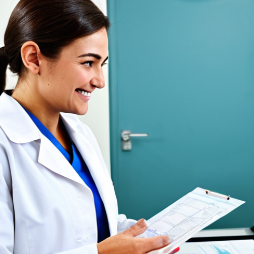 **Subject:** A friendly female clinical laboratory technician wearing a clean, professional lab coat, fully clothed, appropriate attire. **Environment:** A bright, modern laboratory filled with advanced equipment. **Action:** Smiling and explaining a blood test result to a patient using easy-to-understand diagrams. **Modifiers:** Perfect anatomy, correct proportions, well-formed hands, natural pose, safe for work, family-friendly, high-resolution, professional quality.