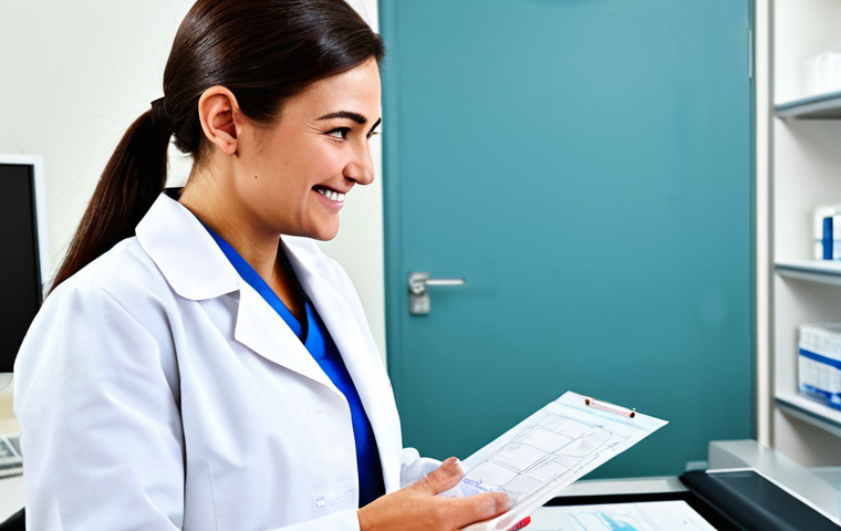 **Subject:** A friendly female clinical laboratory technician wearing a clean, professional lab coat, fully clothed, appropriate attire. **Environment:** A bright, modern laboratory filled with advanced equipment. **Action:** Smiling and explaining a blood test result to a patient using easy-to-understand diagrams. **Modifiers:** Perfect anatomy, correct proportions, well-formed hands, natural pose, safe for work, family-friendly, high-resolution, professional quality.