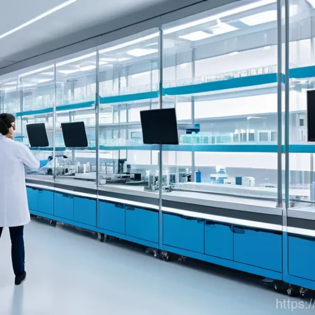 임상병리사 신규 기기 도입 사례 - "A brightly lit, ultra-modern clinical laboratory bustling with activity. Sleek, white, and silver A...