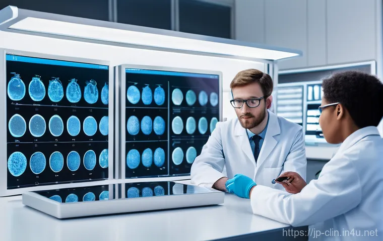 임상병리사 신규 기기 도입 사례 - "A brightly lit, ultra-modern clinical laboratory bustling with activity. Sleek, white, and silver A...