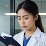 Home 12 임상병리사 자격증 재발급 절차 - **Prompt:** A young Japanese female clinical laboratory technician in her late 20s, dressed in a sma...