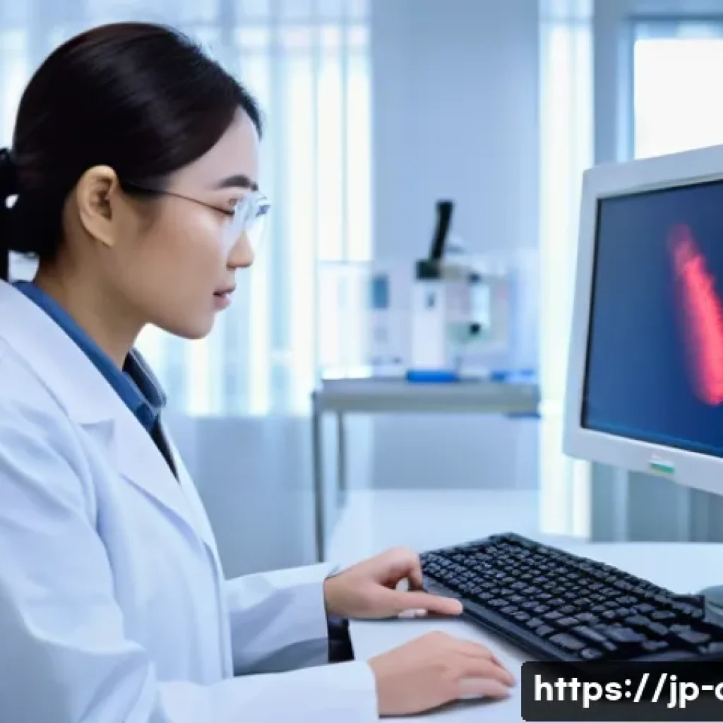 임상병리사 진급 및 승진 사례 - A professional Japanese clinical laboratory technician in a modern hospital laboratory, wearing a cl...
