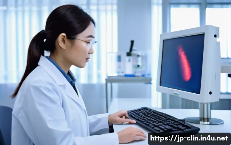 임상병리사 진급 및 승진 사례 - A professional Japanese clinical laboratory technician in a modern hospital laboratory, wearing a cl...