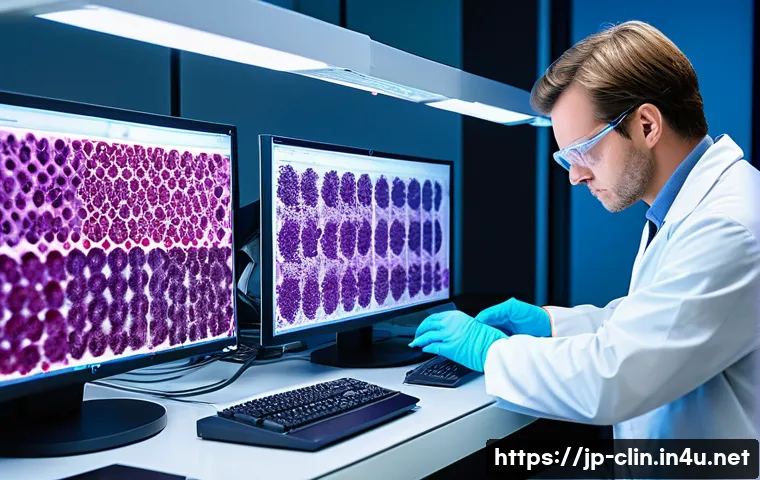 임상병리사와 병리 슬라이드 분석 - A highly detailed digital pathology laboratory scene showing a professional pathologist technician e...