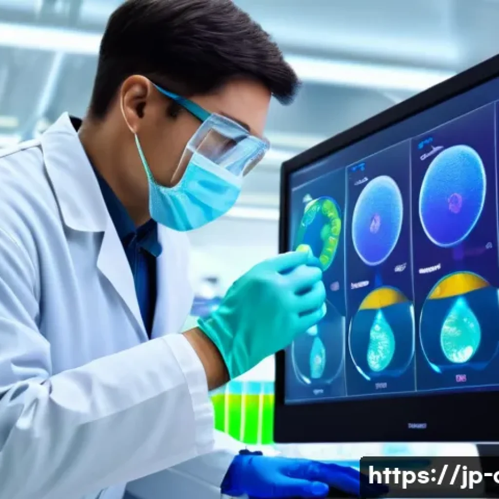 임상병리사와 면역학의 기초 - A detailed medical laboratory scene showing a professional clinical laboratory technician analyzing ...