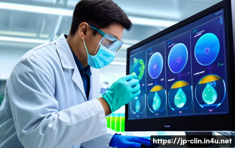 임상병리사와 면역학의 기초 - A detailed medical laboratory scene showing a professional clinical laboratory technician analyzing ...
