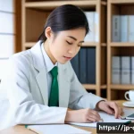 임상병리사 자격증 합격률 분석 - A focused Japanese clinical laboratory technician candidate sitting at a desk in a modern study room...
