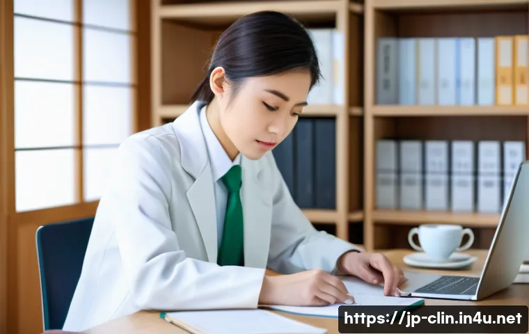 임상병리사 자격증 합격률 분석 - A focused Japanese clinical laboratory technician candidate sitting at a desk in a modern study room...