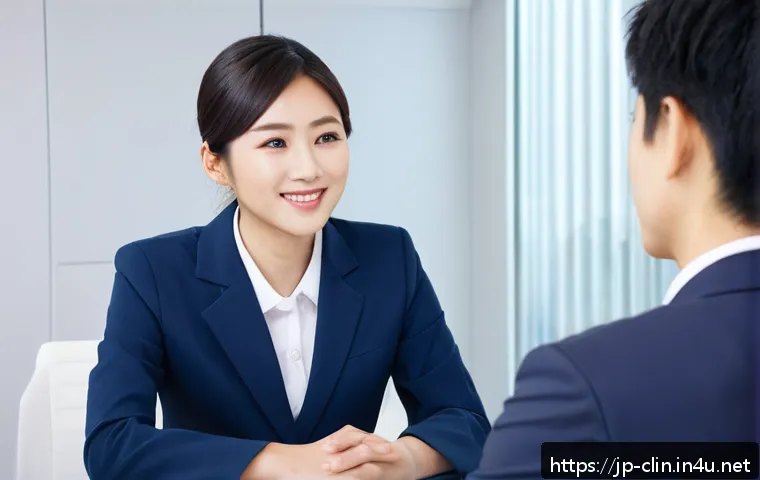 임상병리사 면접 피드백 사례 - A professional interview scene set in a modern office environment with a young Japanese clinical lab...