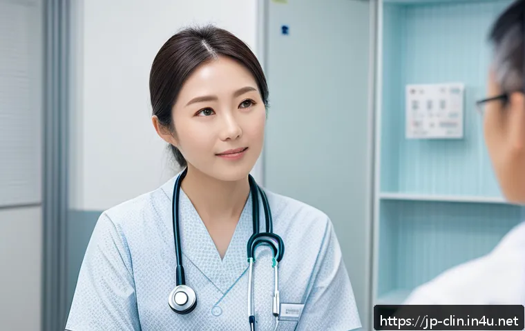 임상병리사와 환자 커뮤니케이션 - A gentle and compassionate medical technician attentively listening to a nervous Japanese patient in...
