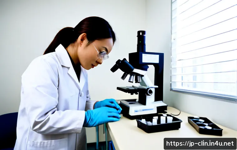 임상병리사 연말 성과평가 대비법 - Photorealistic Japanese clinical laboratory technologist in a spotless modern hospital laboratory, w...